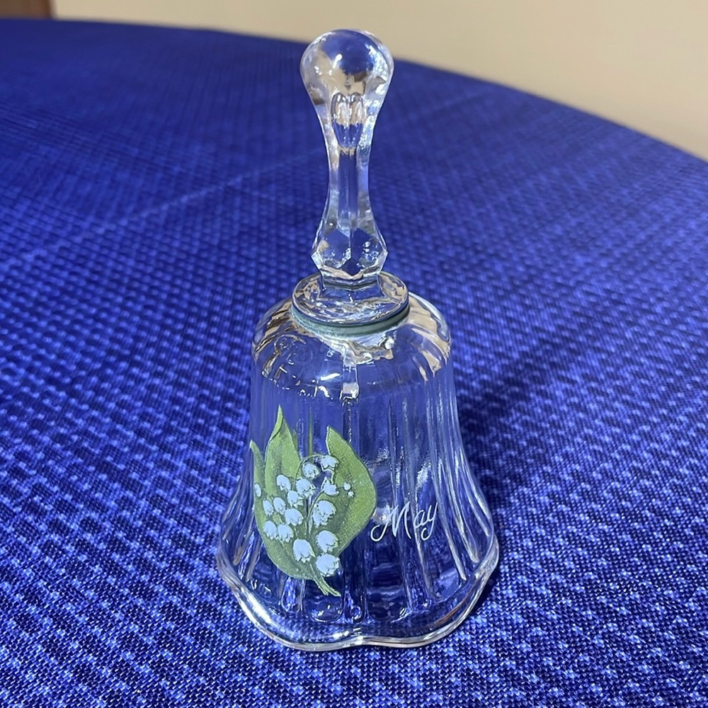 Fenton Clear Glass Miniature Mini May birthday Bell w/Lilly of the Valley flower